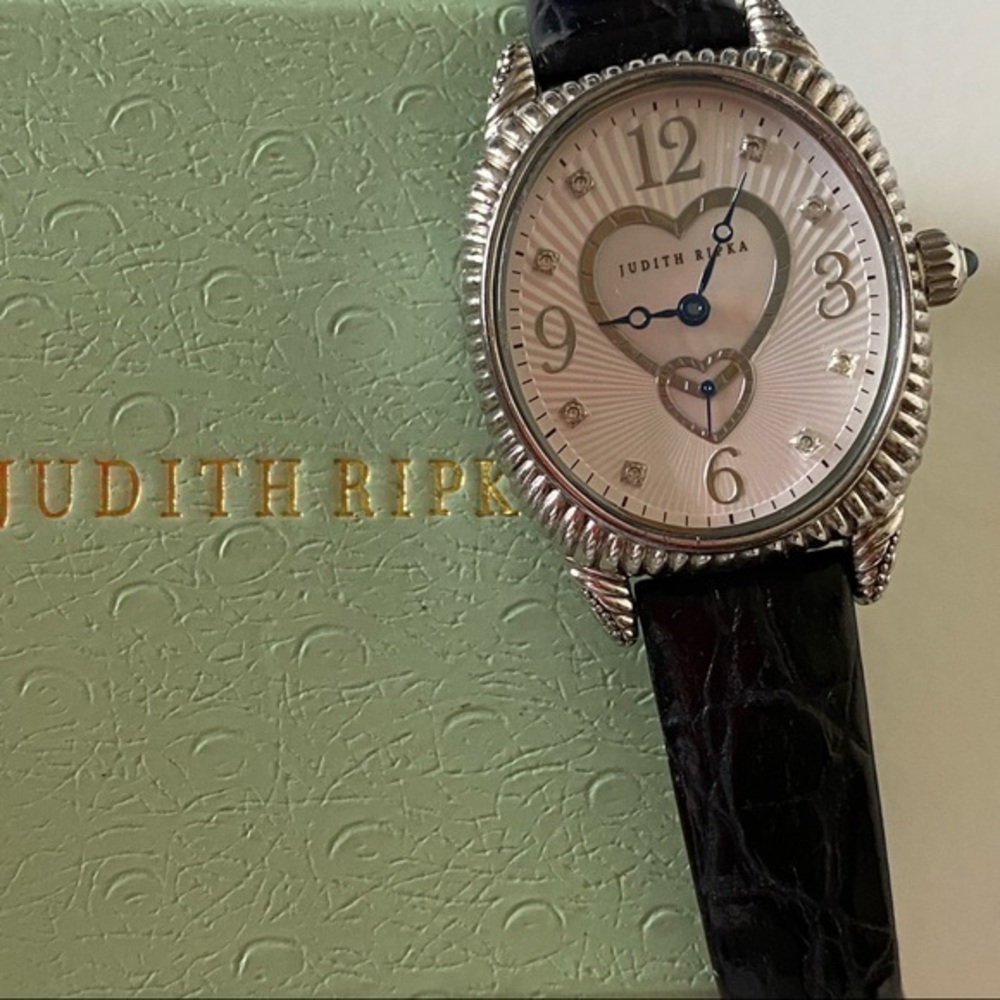 Judith Ripka 925 Sterling Silver Heart Watch Black Leather Band